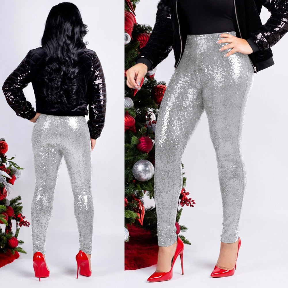Women Shiny Sequin Slim Leggings Ladies Sexy Clubwear Trousers High Waist Legging Ladies Elastic Long Pants Leggins Mujer
