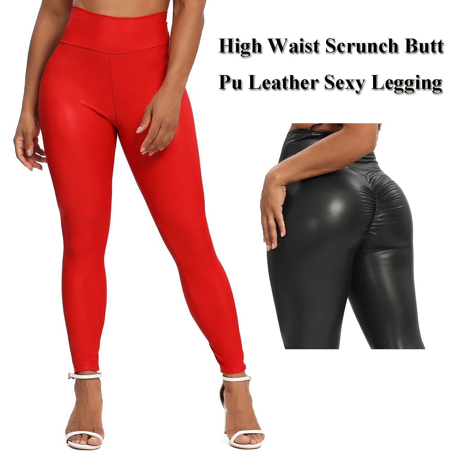 Black PU Legging Faux Patent Leather Stretch Elastic Leggings High Waist Pants Slim Trousers Scrunch Butt Fashion Leather Pants
