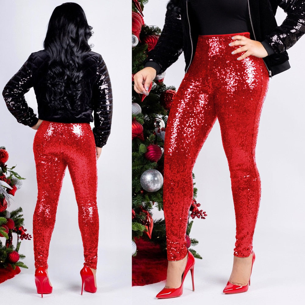 Women Shiny Sequin Slim Leggings Ladies Sexy Clubwear Trousers High Waist Legging Ladies Elastic Long Pants Leggins Mujer