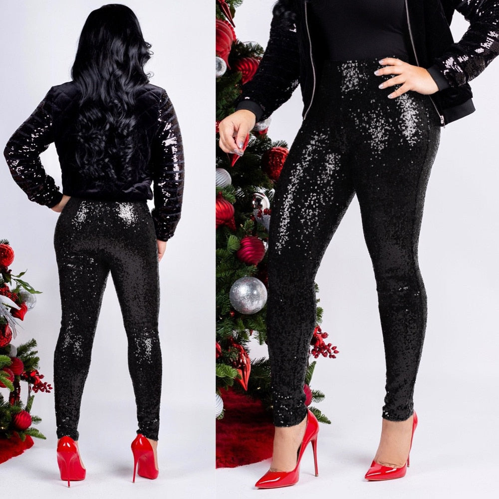 Women Shiny Sequin Slim Leggings Ladies Sexy Clubwear Trousers High Waist Legging Ladies Elastic Long Pants Leggins Mujer