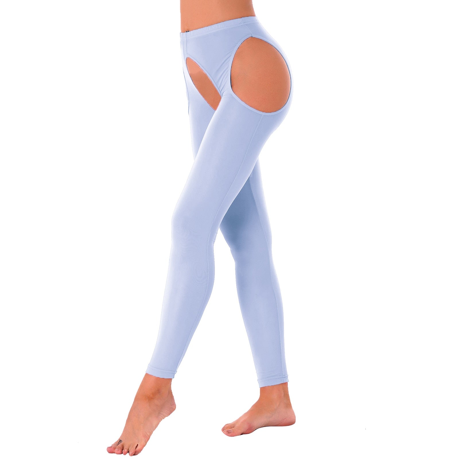 Womens Ice Silk High Waist Tights Suspenders Pantyhose Hollow Out Footed Long Pants Crotchless Leggings Thigh High Stockings