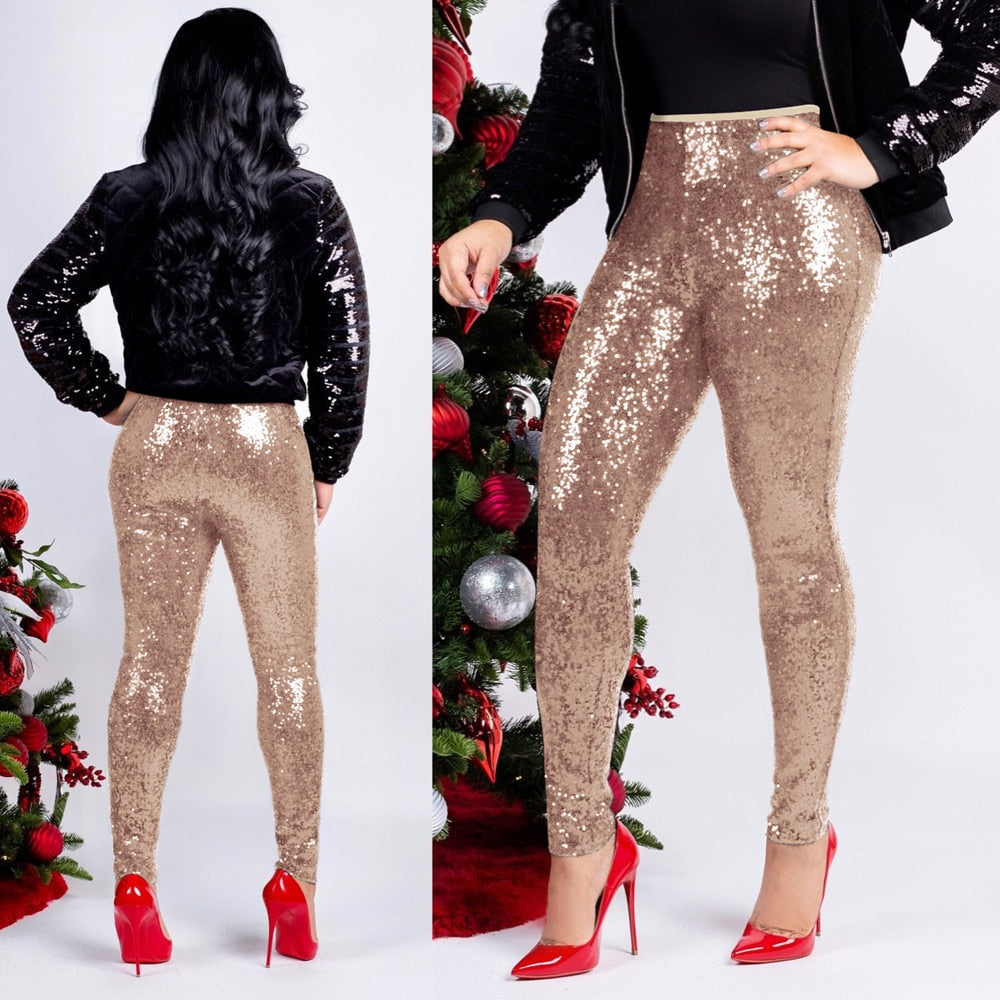 Women Shiny Sequin Slim Leggings Ladies Sexy Clubwear Trousers High Waist Legging Ladies Elastic Long Pants Leggins Mujer