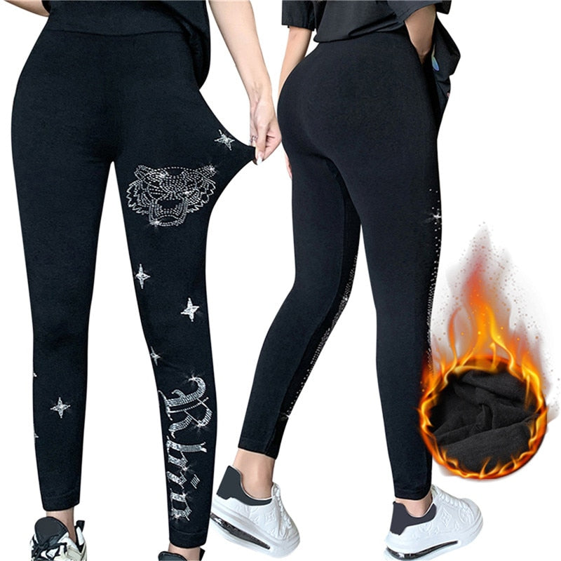 Black Stretch Rhinestone Skinny Pants Women Leggings Pearl Thick Velvet Ankle-Length Elastic Pants Tide Autumn Winter Leggings