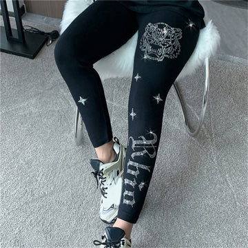 Hot Drill Printed Nine point leggings High Waist Slim Plush Comfort Leggings Women's Casual Warm Leggings Plush Thicken Big Size