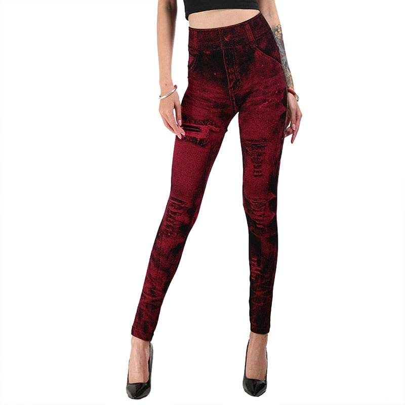 Sexy Faux Jeans Leggings Women Stretch Printed Short Leggins Calf-Length Pants Summer Breeches High Waist Jeggings