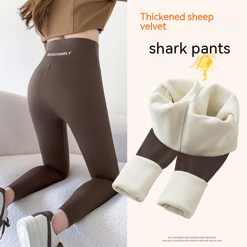Shark Skin Leggings Women's Pants Tight High Waist Belly Spring and Autumn Winter Wear Plus Velvet Padded Yoga Barbie Pants