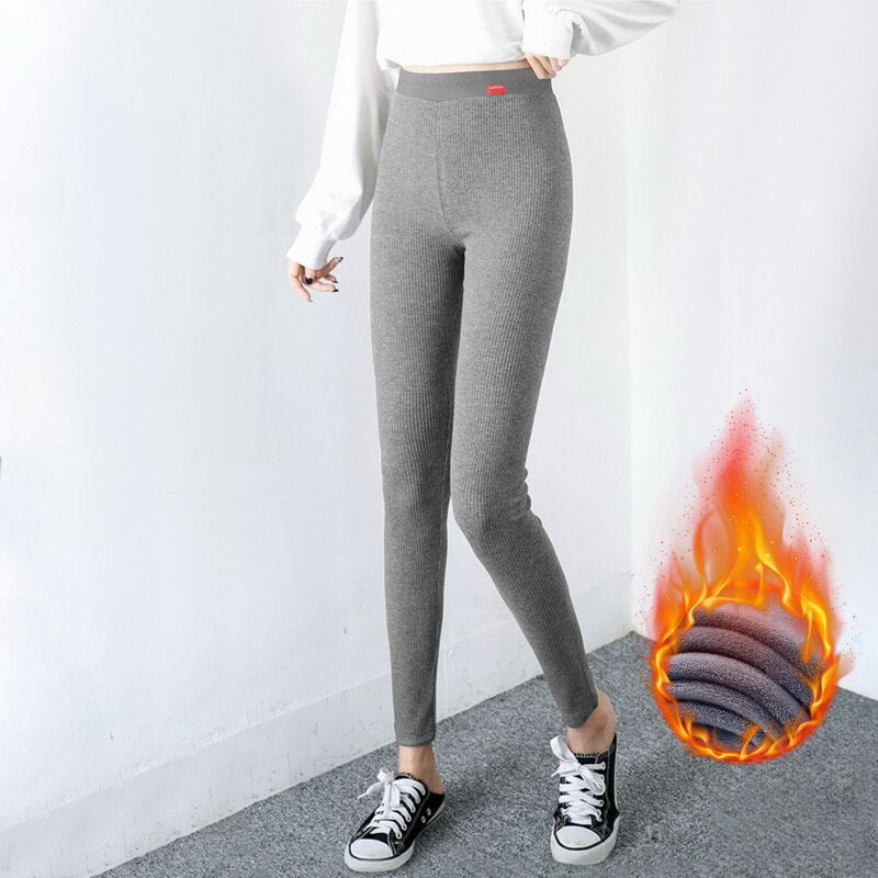 Winter Ribbed Knit Leggings Women'S Slimming Velvet Cotton Tights Black Stretch Gray Thick Warm Leggings For Women With Fleece