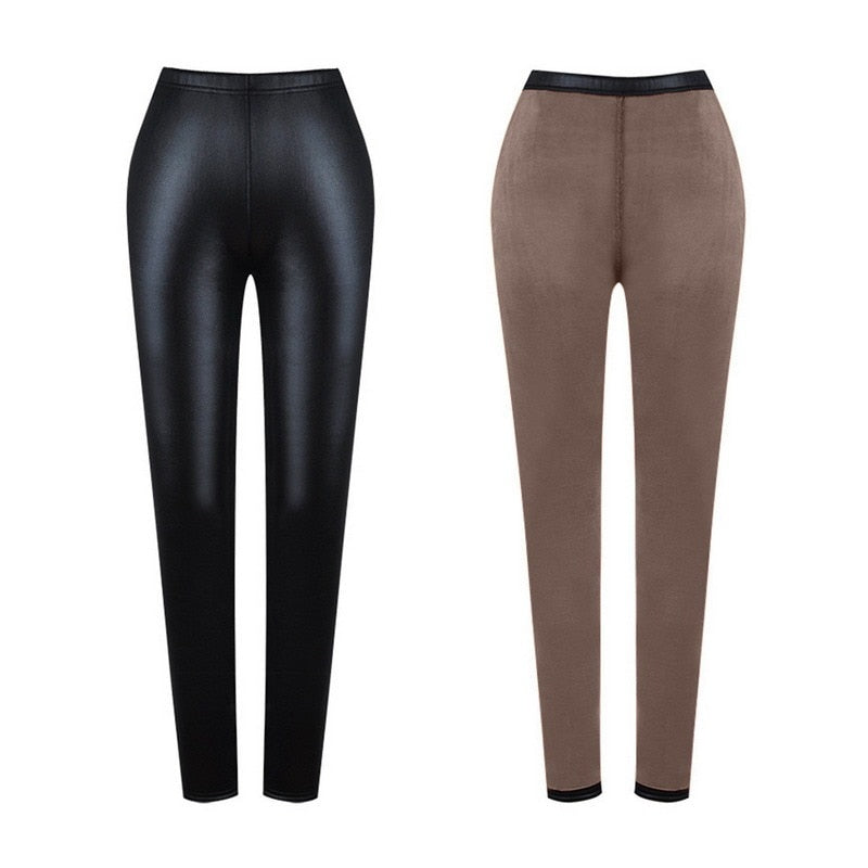 2022 Autumn Winter Thick Warm Women's Leggings Leather High Waist Pants Velvet Black Slimming PU Faux Leather Leggings for Women