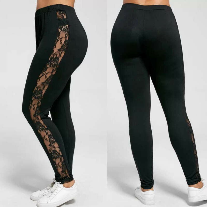 Women's Ladies Floral Lace High Waist Pants Side Panel Cut Out Black Leggings Plus Size Ladies Clothes Patchwork Trousers