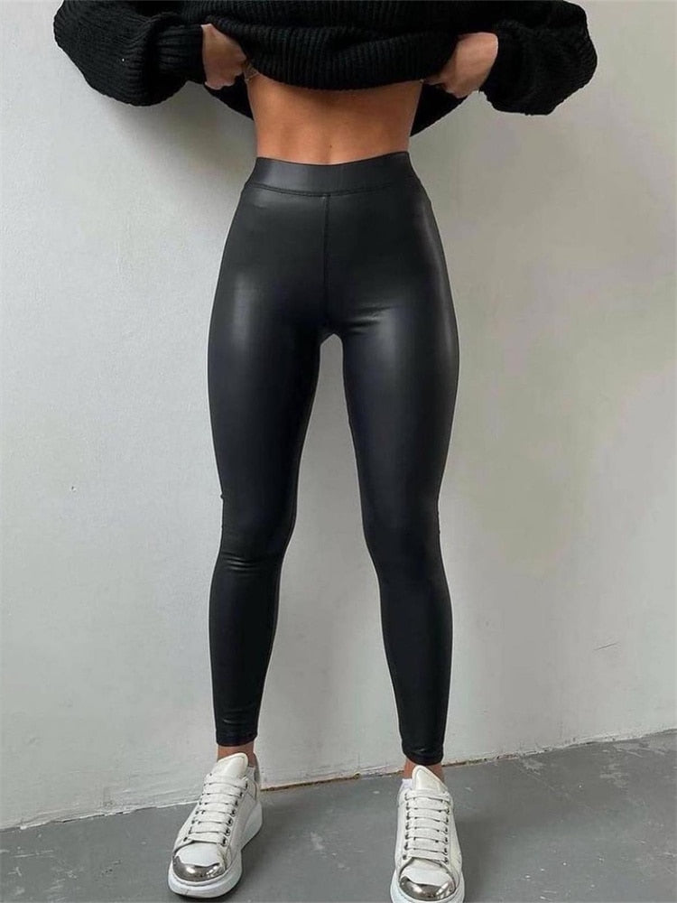 Winter Leggings Women Warm  Leather High Waisted Strengthed Thick Velvet Black Slimming Faux Pu Leather Leggings for Women