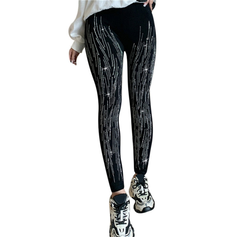 Hot Drill Printed Nine point leggings High Waist Slim Plush Comfort Leggings Women's Casual Warm Leggings Plush Thicken Big Size