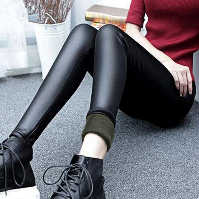 Winter Warm Pu Leather Leggings Women Sexy High Waist Thermal Tights Pants Thick Fleece Slim Black Stretchy Pants Leggings