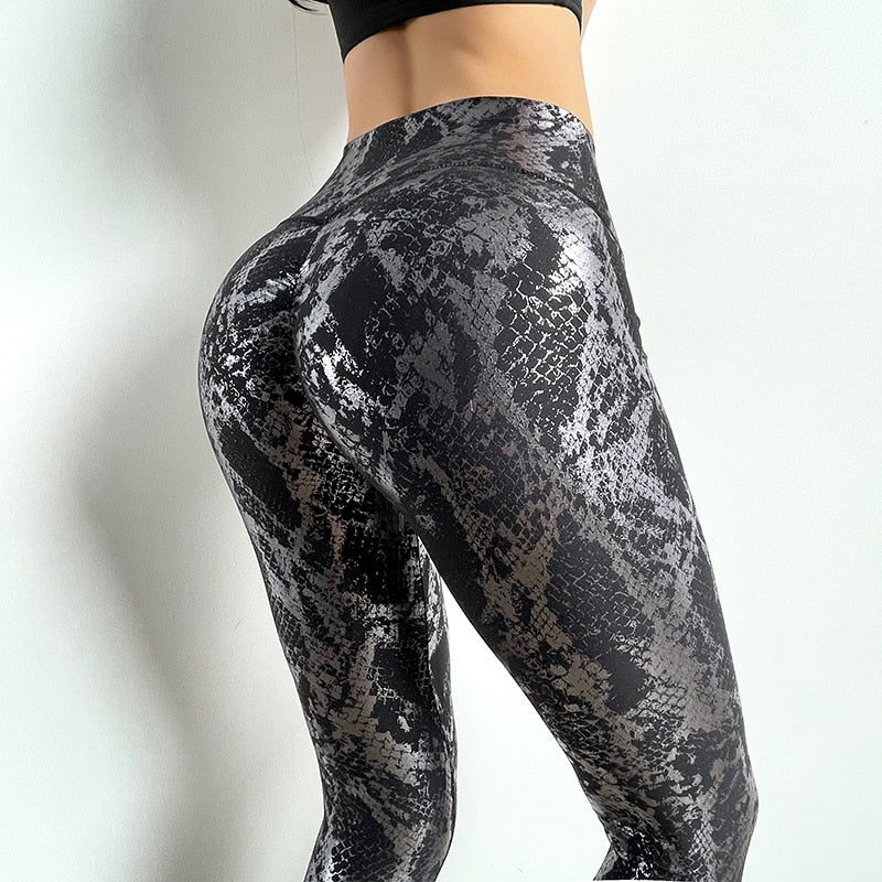 New Snakeskin Pattern Push Up Fitness Leggings Women Sexy Peach Hip Legging High Waist Sports Tight Stretch Yoga Pants