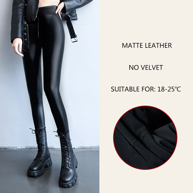 2022 Autumn Winter Velvet Thick Warm Leather Pants Women Elastic PU High Waist Leggings Black Casual Slimming Fleece Trousers