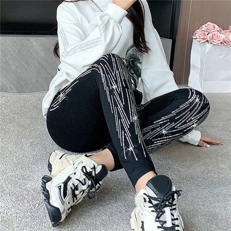 Black Stretch Rhinestone Skinny Pants Women Leggings Pearl Thick Velvet Ankle-Length Elastic Pants Tide Autumn Winter Leggings
