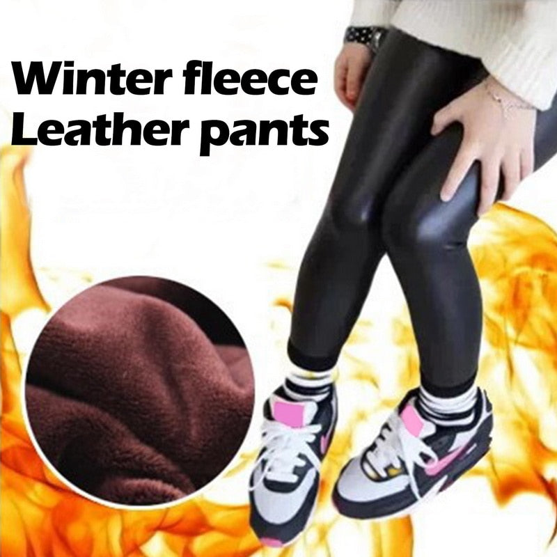 Winter Warm Pu Leather Leggings Girls Sexy High Waist Thermal Tights Pants Thick Fleece Slim Black Stretchy Pants Leggings
