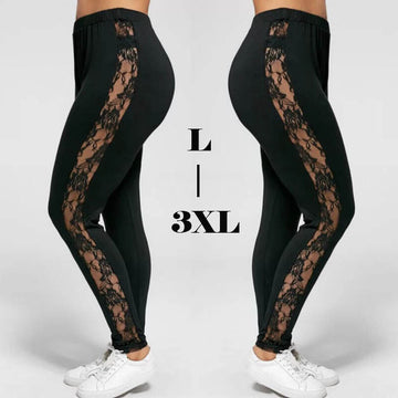 Women's Ladies Floral Lace High Waist Pants Side Panel Cut Out Black Leggings Plus Size Ladies Clothes Patchwork Trousers