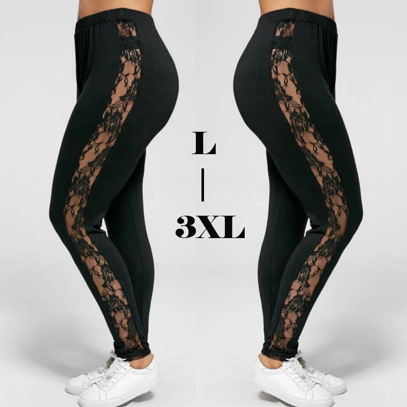 Women's Ladies Floral Lace High Waist Pants Side Panel Cut Out Black Leggings Plus Size Ladies Clothes Patchwork Trousers