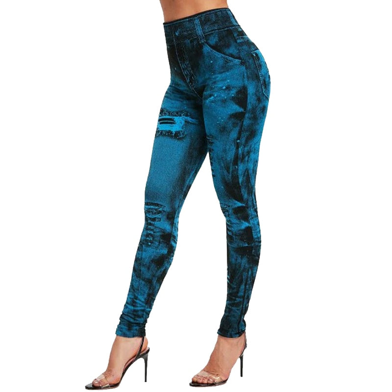 Sexy Faux Jeans Leggings Women Stretch Printed Short Leggins Calf-Length Pants Summer Breeches High Waist Jeggings
