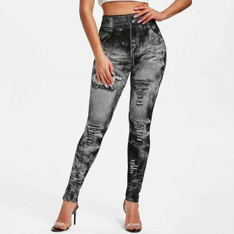 Sexy Faux Jeans Leggings Women Stretch Printed Short Leggins Calf-Length Pants Summer Breeches High Waist Jeggings