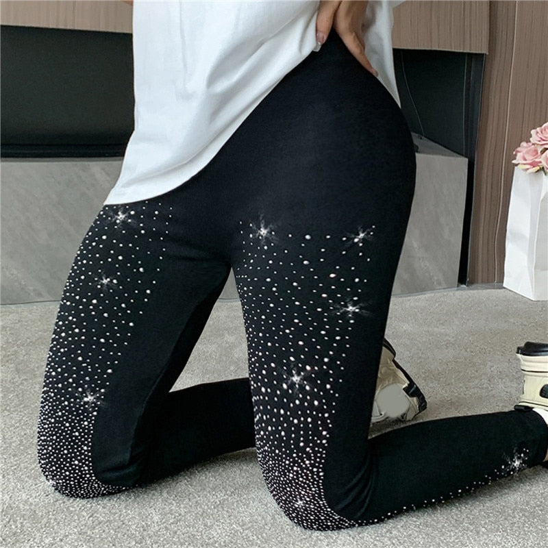 Hot Drill Printed Nine point leggings High Waist Slim Plush Comfort Leggings Women's Casual Warm Leggings Plush Thicken Big Size