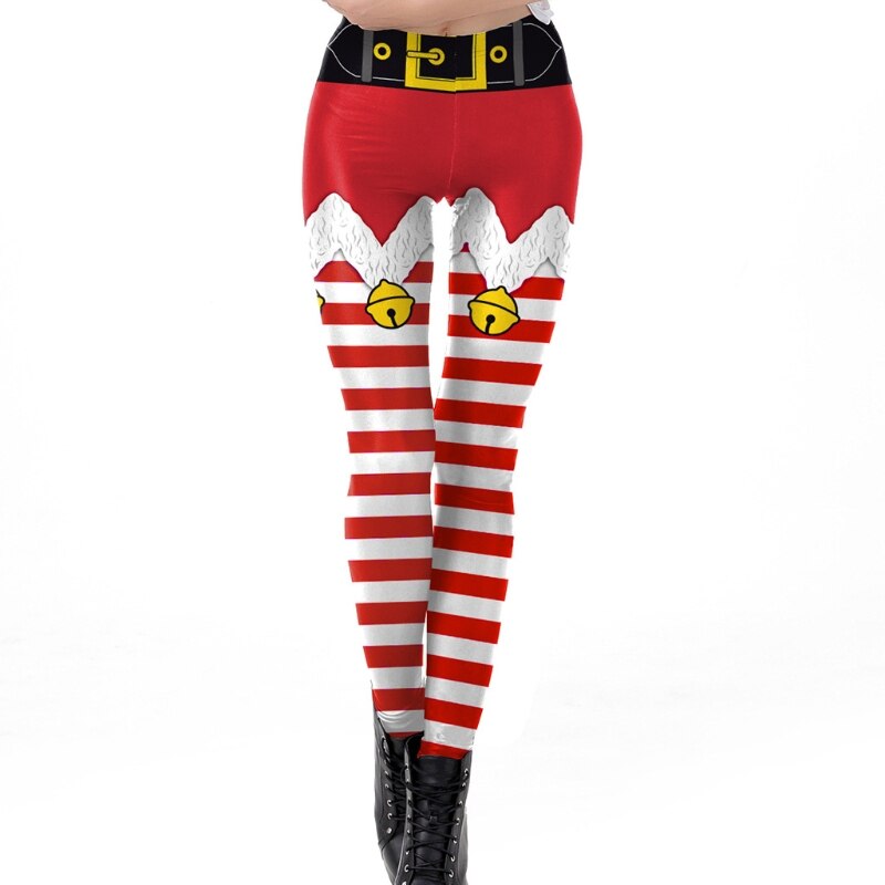 Women Ugly Christmas Fake Elf Shorts Print Leggings Funny Belt Striped Santa Holiday Tights Mid Rise Xmas Festival Cosplay Pants