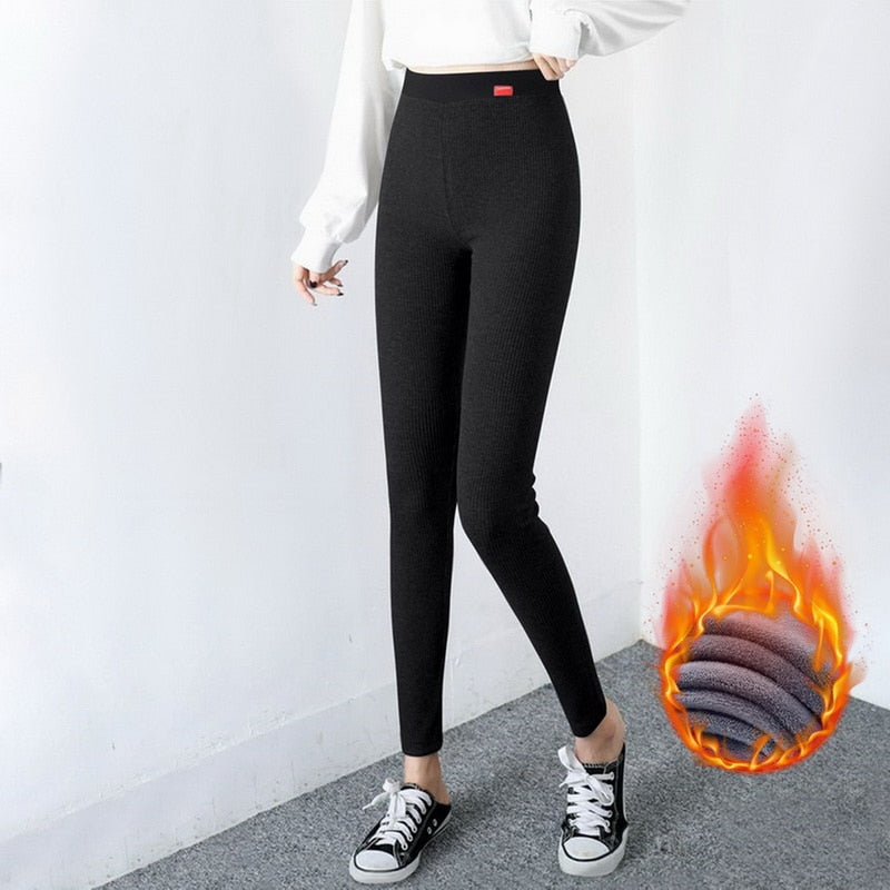 Winter Ribbed Knit Leggings Women'S Slimming Velvet Cotton Tights Black Stretch Gray Thick Warm Leggings For Women With Fleece