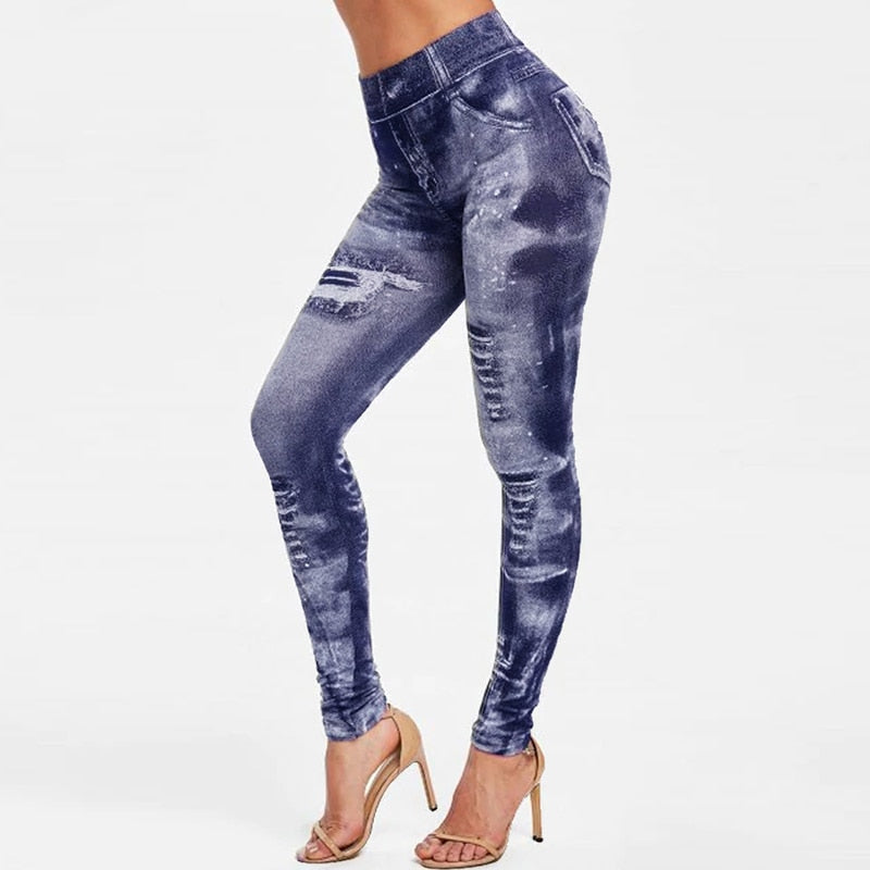 Sexy Faux Jeans Leggings Women Stretch Printed Short Leggins Calf-Length Pants Summer Breeches High Waist Jeggings