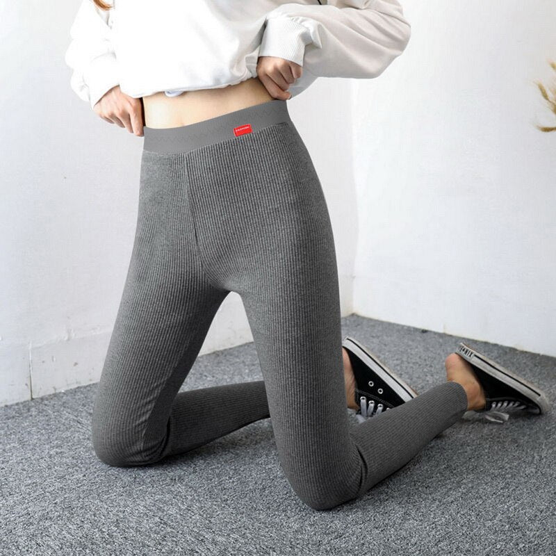 Winter Ribbed Knit Leggings Women'S Slimming Velvet Cotton Tights Black Stretch Gray Thick Warm Leggings For Women With Fleece