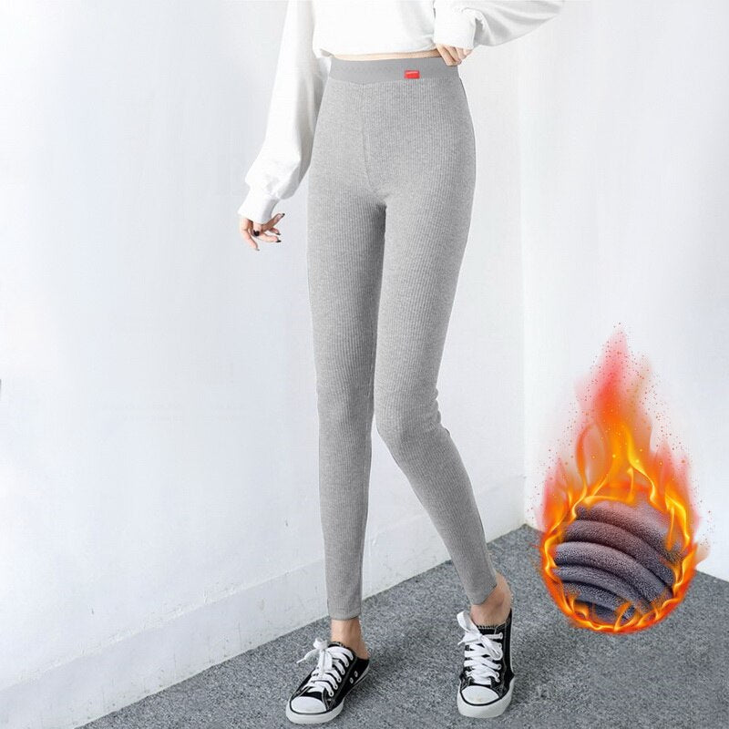 Winter Ribbed Knit Leggings Women'S Slimming Velvet Cotton Tights Black Stretch Gray Thick Warm Leggings For Women With Fleece