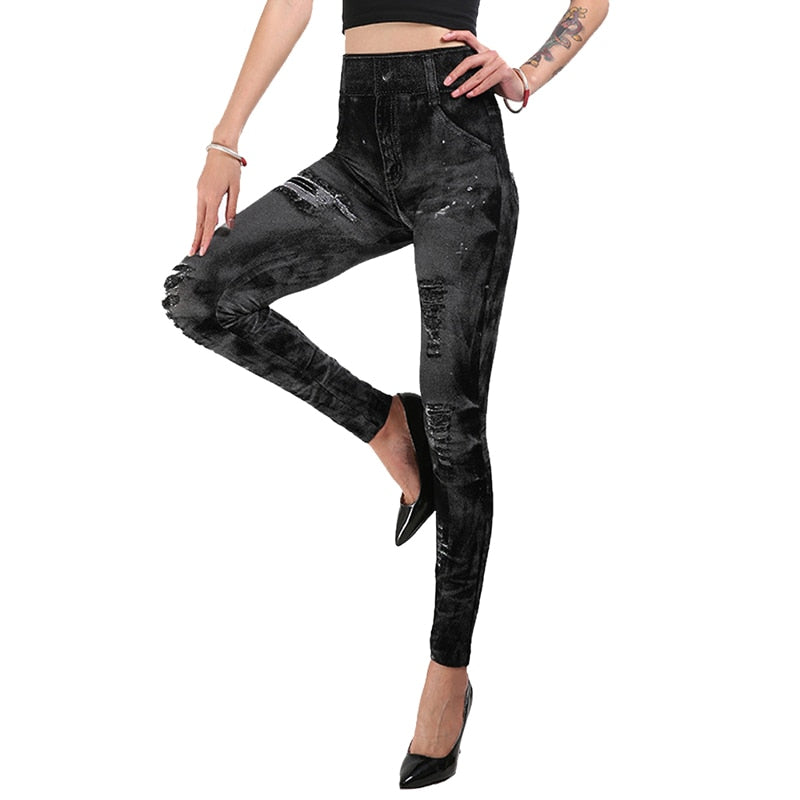 Sexy Faux Jeans Leggings Women Stretch Printed Short Leggins Calf-Length Pants Summer Breeches High Waist Jeggings