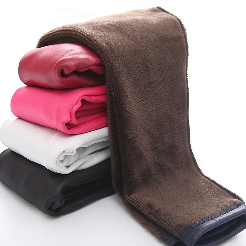 Winter Warm Pu Leather Leggings Girls Sexy High Waist Thermal Tights Pants Thick Fleece Slim Black Stretchy Pants Leggings