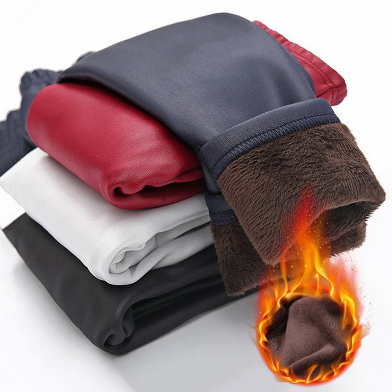 Winter Warm Pu Leather Leggings Girls Sexy High Waist Thermal Tights Pants Thick Fleece Slim Black Stretchy Pants Leggings