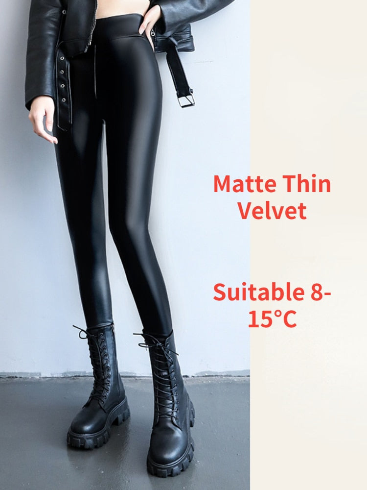 Winter Leggings Women Warm  Leather High Waisted Strengthed Thick Velvet Black Slimming Faux Pu Leather Leggings for Women