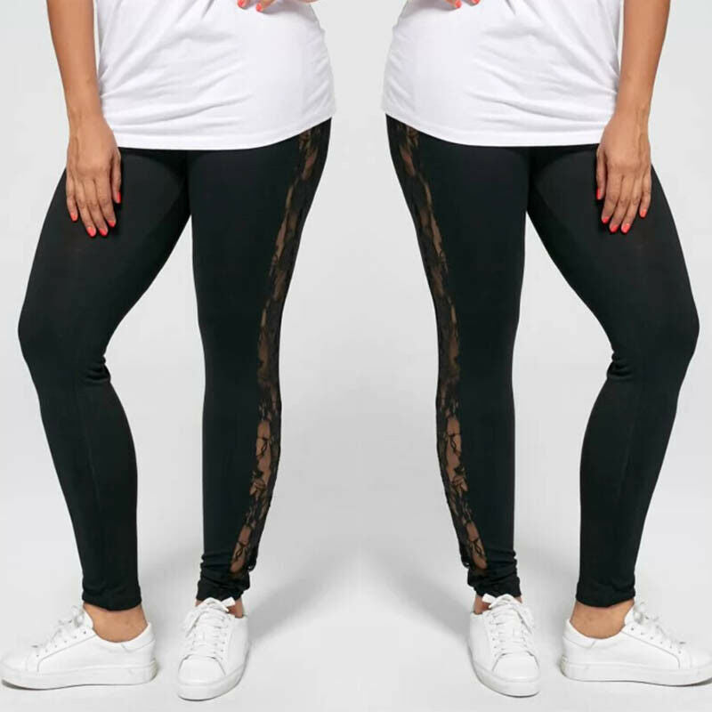 Women's Ladies Floral Lace High Waist Pants Side Panel Cut Out Black Leggings Plus Size Ladies Clothes Patchwork Trousers