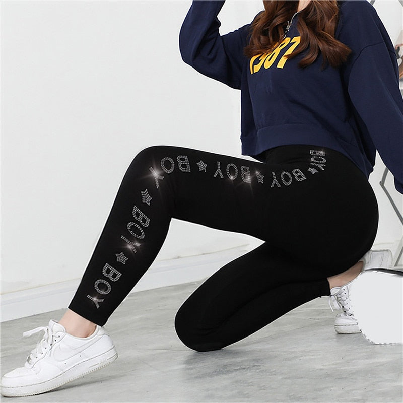 Black Stretch Rhinestone Skinny Pants Women Leggings Pearl Thick Velvet Ankle-Length Elastic Pants Tide Autumn Winter Leggings