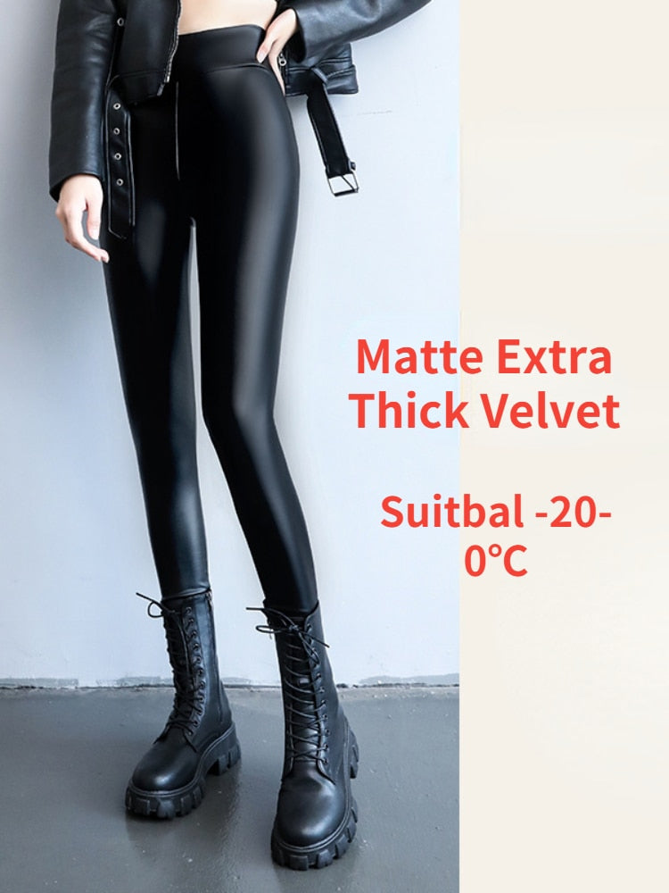 Winter Leggings Women Warm  Leather High Waisted Strengthed Thick Velvet Black Slimming Faux Pu Leather Leggings for Women