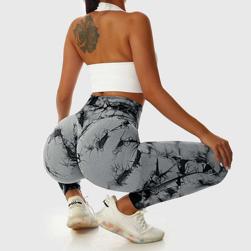 Women Fitness Workout Sport Gym High Waist Seamless Booty Marble Tie Dye Scrunch Butt Pant Yoga Leggings