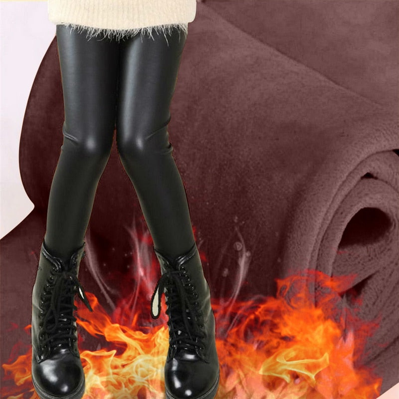 Winter Warm Pu Leather Leggings Girls Sexy High Waist Thermal Tights Pants Thick Fleece Slim Black Stretchy Pants Leggings