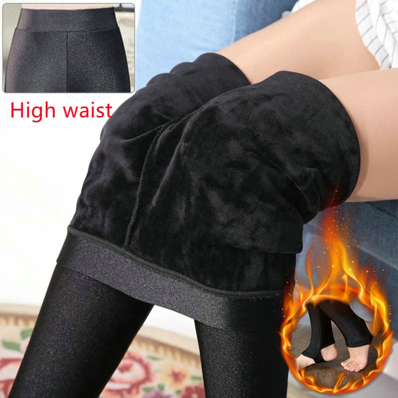 2022 Winter Velvet Faux Leather Leggings Women Thicken Plush Warm High Elastic Skinny Pants Sexy Slim Black PU Thermal Tights
