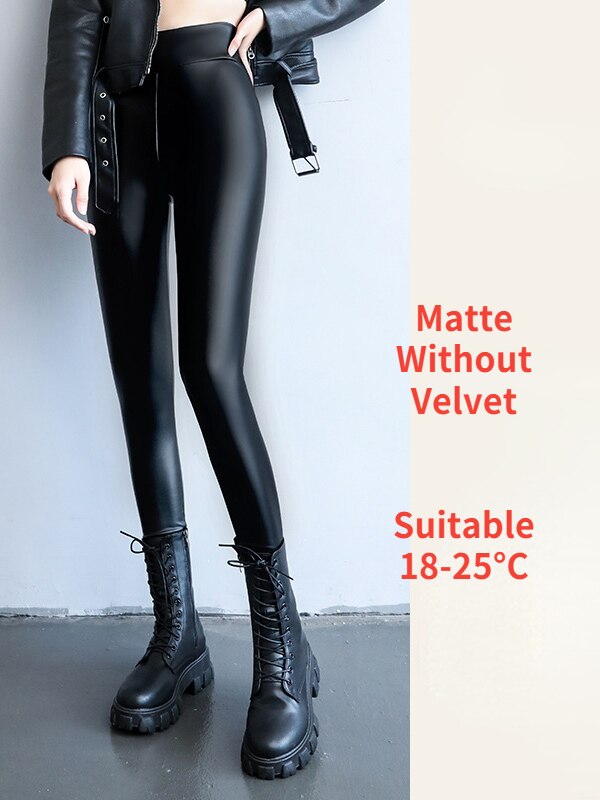 Winter Leggings Women Warm  Leather High Waisted Strengthed Thick Velvet Black Slimming Faux Pu Leather Leggings for Women