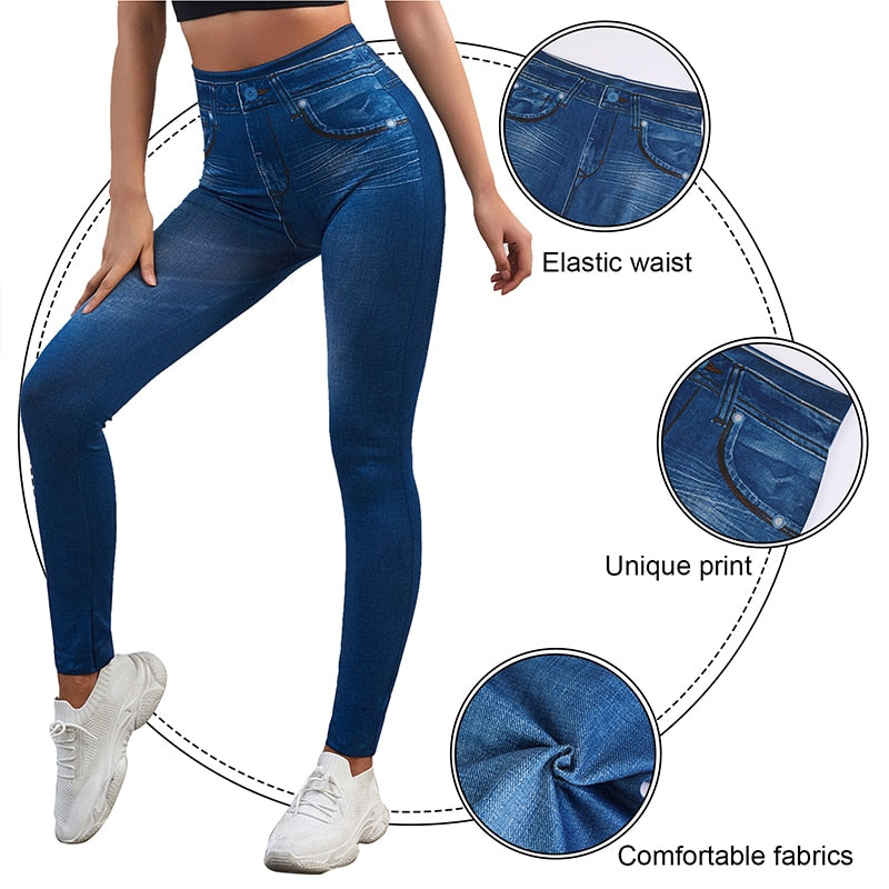 Women Leggings Faux Denim Jeans Leggings Sexy High Waist Tight Pants Hip Lifting Work Out Tights Slim Fitness Leggins 2022 New