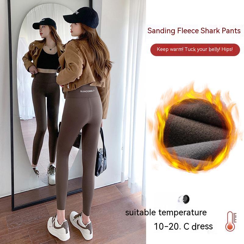 Shark Skin Leggings Women's Pants Tight High Waist Belly Spring and Autumn Winter Wear Plus Velvet Padded Yoga Barbie Pants