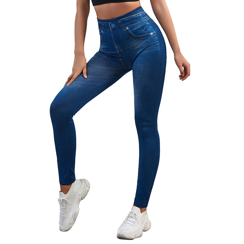 Women Jeggings Faux Denim Jeans Leggings High Waisted Tummy Control Slim Leggins Printed Pencil Pants Seamless Skinny Trousers
