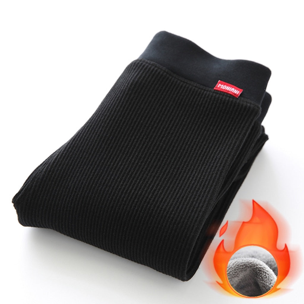 Winter Warm Leggings Women High Waist Ribbed Leggings Thicken Fleece Thermal Pants Casual Slim Solid Colors Elasticity Tights