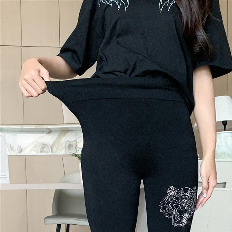 Black Stretch Rhinestone Skinny Pants Women Leggings Pearl Thick Velvet Ankle-Length Elastic Pants Tide Autumn Winter Leggings