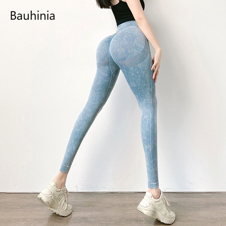 Women Washed Denim Yoga Pants High Waisted Gym Leggings Butt Lift Push Up Workout Sport Tights Pants Tights Fitness Gym Clothing