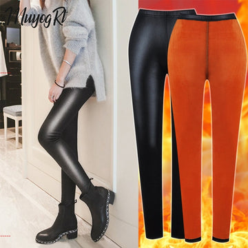 2022 Autumn Winter Thick Warm Women's Leggings Leather High Waist Pants Velvet Black Slimming PU Faux Leather Leggings for Women