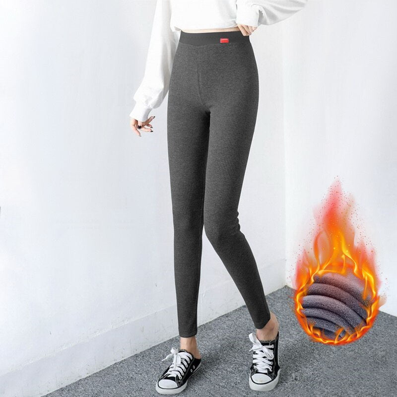 Winter Ribbed Knit Leggings Women'S Slimming Velvet Cotton Tights Black Stretch Gray Thick Warm Leggings For Women With Fleece