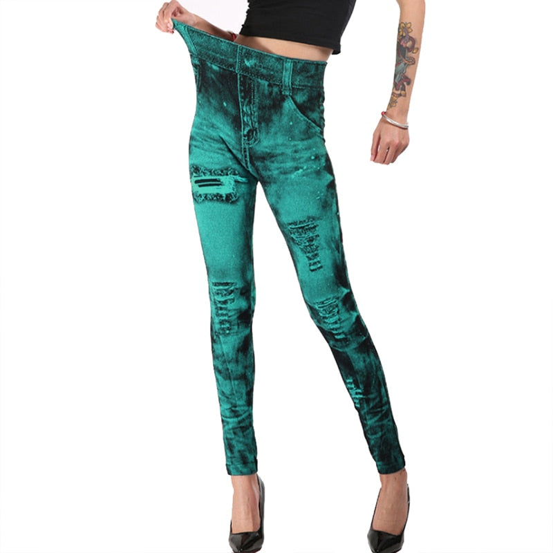 Sexy Faux Jeans Leggings Women Stretch Printed Short Leggins Calf-Length Pants Summer Breeches High Waist Jeggings